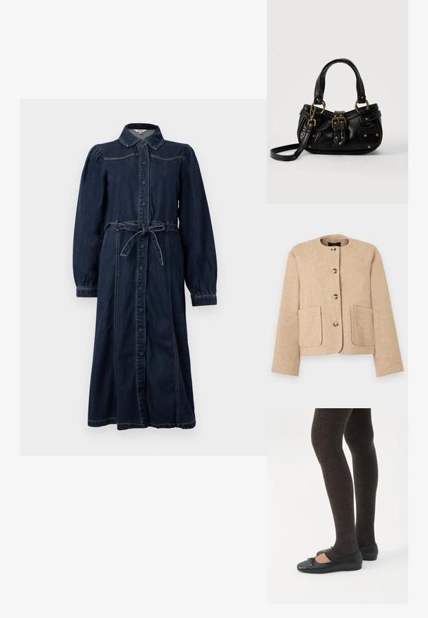 Beige tekstuuri takki, jossa pyöreä pääntie, edessä napillinen sulkeminen ja kaksi suurta etutaskua. Tasainen kangas, jossa on hieman kudottu ilme.; Tummansininen denimmimeo, jossa on kaulakoru, etupainonapit, pitkät puffihihat ja sidottava vyö. Sisältää ompeluyksityiskohtia.; Jalat, joissa tummat ribbineuleiset leggingsit yhdistettynä mustiin balettitossuihin, joissa on pienet rusettikoristeet valkoisella taustalla.; Musta nahkainen käsilaukku, jossa kultainen solki ja niittiyksityiskohdat, lyhyet kahvat ja säädettävä olkahihna, valkoisella taustalla.