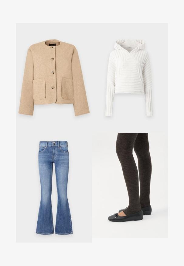 Beige gebreid jasje met een ronde halslijn, knoopsluiting aan de voorkant en twee grote voorzakken. Gladde stof met een licht geweven uitstraling.; Witte gebreide hoodie met lange mouwen en ribbelpatroon, lichtjes opgevouwen bij de manchetten, weergegeven op een effen achtergrond.; Uitlopende blauwe denim jeans met een middelhoge taille, vijf zakken en een lichte wassing. Bevat subtiele vervaging en contrasterende stiksels.; Benen met donkere geribbelde leggings gecombineerd met zwarte ballerina's met kleine strikdetails op een witte achtergrond.