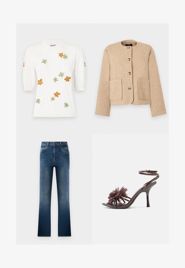 Veste beige texturée avec un col rond, une fermeture à boutons sur le devant et deux grandes poches avant. Tissu lisse avec un aspect légèrement tissé.; Pull blanc à manches courtes bouffantes, orné de broderies florales orange, vert et jaune. Encolure ronde classique et bord ribbé.; Jean flare en denim bleu foncé, avec un aspect délavé, cinq poches et passants de ceinture. Design classique avec une fermeture à bouton à l'avant.; Sandale à talon haut en cuir verni marron avec bride à la cheville et grande fleur en tissu sur les brides avant.