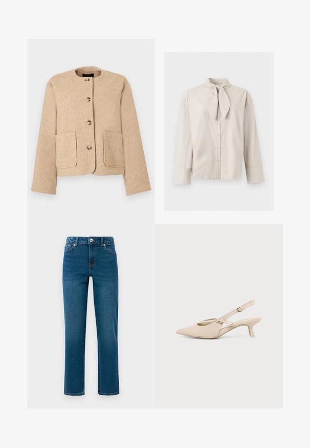Chaqueta beige texturizada con escote redondo, cierre frontal con botones y dos grandes bolsillos delanteros. Tejido liso con apariencia ligeramente tejida.; Blusa beige de manga larga con botones, detalle de cuello atado y puños anchos en las mangas, mostrada sobre un fondo claro y sencillo.; Jeans de denim rectos azules con cinco bolsillos, cierre de botón y cremallera, y pasadores para cinturón, exhibidos sobre fondo blanco.; Zapato slingback beige con puntera puntiaguda, tacón bajo tipo kitten y tira ajustable en el tobillo sobre un fondo liso y claro.