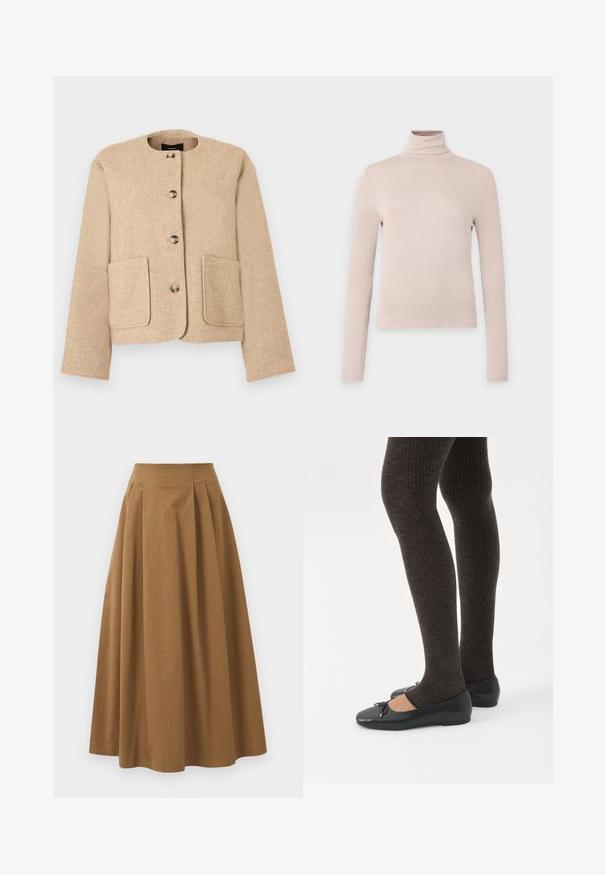 Beige gebreid jasje met een ronde halslijn, knoopsluiting aan de voorkant en twee grote voorzakken. Gladde stof met een licht geweven uitstraling.; Lichtbeige langslavige coltrui, gemaakt van soepele stretchstof, met een aansluitend design en hoge kraag. Geen zichtbare patronen of accenten.; Bruine katoen A-lijn rok met een hoge taille, voorzien van plooien aan de voorkant en een gladde textuur. De zoomafwerking is schoon en eenvoudig.; Benen met donkere geribbelde leggings gecombineerd met zwarte ballerina's met kleine strikdetails op een witte achtergrond.
