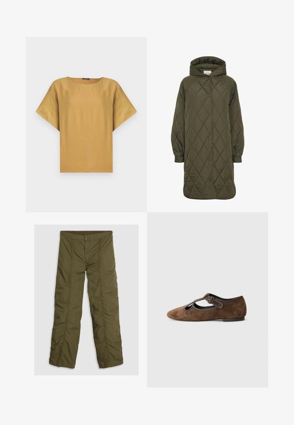 Manteau matelassé long vert olive avec capuche, présentant des motifs en losanges, des boutons-pression et des manches bouffantes amples. Texture lisse et brillante.; Haut à manches courtes de couleur moutarde avec un col rond et une coupe décontractée. Fabriqué en tissu lisse avec un design simple et épuré.; Pantalons isolés vert olive à coupe droite, dotés d'une fermeture à bouton et d'une taille élastique, texture lisse et accents cousus.; Chaussure en daim marron avec un bout pointu, présentant des découpes et une sangle décorative avec une boucle. Semelle plate avec une finition lisse.