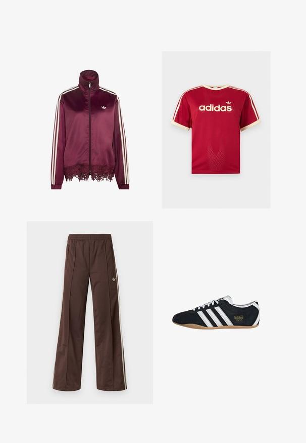 Vurgpunane satiinist lukuga jakk valgete triipudega varrukatel, kõrge krae ja pitsiga serva allääres.; Punane Adidas võrgust meeste särk beeži äärega krae, varrukate ja kolmekordsete triipude juures õlgadel, esiküljel Adidas logo ja tekstiga.; Pruunid sportpüksid laiade säärtega, valgete küljeribadega, elastse vöökohaga ja kahe küljetaskuga. Jalal on väike logo.; Must musta tennisjalanikesed valgete kolme triibuga, kuldse logo ja pruuni kummitaldiga. Omab madalat sidumise disaini.