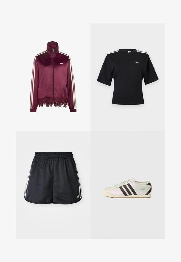 Dunkelroter Satin-Zip-Up-Jacke mit weißen Streifen an den Ärmeln, hohem Kragen und Spitzenbesatz am unteren Saum.; Schwarzes Adidas T-Shirt mit kurzen Ärmeln, weißen Drei-Streifen-Details auf den Schultern und einem kleinen weißen Adidas Trefoil-Logo auf der Brust.; Schwarze Sportshorts mit einem elastischen Bund, weißen drei Streifen an den Seiten und einem kleinen Logo am unteren Saum.; Niedrig geschnittener Sneaker mit glänzendem mintgrünem Obermaterial, drei schwarzen Streifen und einer strukturierten cremefarbenen Gummisohle. Minimalistisches Design mit Logodetail.