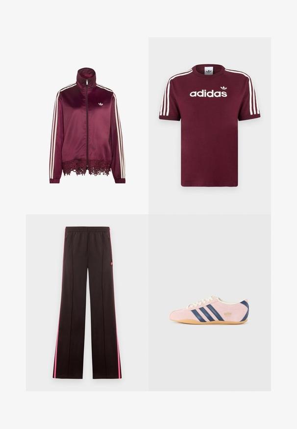Bordová saténová bunda na zips s bielymi pruhmi na rukávoch, vysokým golierom a čipkovým lemom pozdĺž spodného lemu.; Bordové bavlnené tričko s bielymi pruhovanými rukávmi, na hrudi s bielym logom "adidas" a malým logom nad ním.; Čierne športové nohavice s ružovými bočnými pruhmi, elastickým pásom, vreckami so zipsom a logom Adidas na ľavom stehne.; Svetloružové tenisky z semišu s námornícky modrými pruhmi a akcentmi. Majú svetložltý jazyk a šnúrky, s gumovou podrážkou.