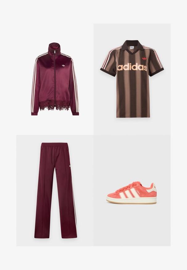 Bordová saténová bunda na zips s bielymi pruhmi na rukávoch, vysokým golierom a čipkovým lemom pozdĺž spodného lemu.; Hnedé prúžkované polo tričko Adidas s výstrihom do V, bordovým golierom a červeným logom. Má bielo-červené pruhy na ramenách a krátke rukávy.; Vínové teplákové nohavice s elastickým pásom, bočnými vreckami na zips, bielymi bočnými pruhmi a malým bielym logom Adidas na pravej stehne.; Ružové semišové tenisky s krémovými prúžkami, okrúhlymi šnúrkami a textúrovaným jazykom. Obsahujú gumenú podrážku a logo na päte.