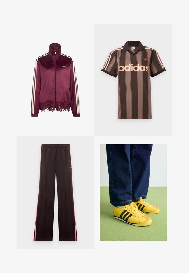 Vinrød satin lynlåstrøje med hvide striber på ærmerne, høj krave og blondekant langs nederste kant.; Brunstribet Adidas polo-shirt med V-hals, bordeaux krave og rødt logo. Har hvide og røde skulderstriber samt korte ærmer.; Sorte atletikbukser med lyserøde sidelister, elastisk talje, lynlåslommer og Adidas-logo på venstre lår.; Gule lædersneakers med sorte striber, en struktureret tåhætte og hvid sål, parret med mørke denimjeans, på en grøn overflade.