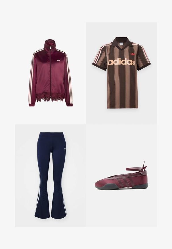 Bordová saténová bunda na zips s bielymi pruhmi na rukávoch, vysokým golierom a čipkovým lemom pozdĺž spodného lemu.; Hnedé prúžkované polo tričko Adidas s výstrihom do V, bordovým golierom a červeným logom. Má bielo-červené pruhy na ramenách a krátke rukávy.; Námornícke modré rozšírené legíny vyrobené z elastického materiálu, s bielymi bočnými pruhmi a malým logom vpredu. Hladká textúra po celom povrchu.; Burgundské balerínky s čiernou podrážkou, elastickými remienkami na členku zviazanými do mašle a prešívanými detailmi na bokoch, zobrazené z vonkajšej strany.