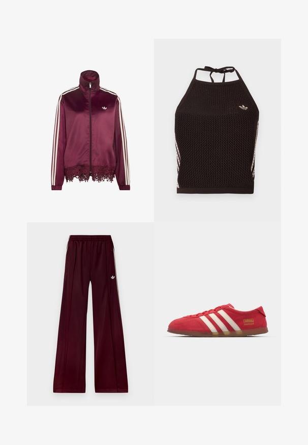 Dunkelroter Satin-Zip-Up-Jacke mit weißen Streifen an den Ärmeln, hohem Kragen und Spitzenbesatz am unteren Saum.; Schwarzes Netz-Halfter-Cropped-Top mit strukturiertem Design. Mit pinkfarbenen Akzentstreifen und kleinem Logo vorne. Mit Rückenknotenverschluss.; Bordeauxfarbene Sportpants mit lockerer Passform, aus glattem Material, mit zwei seitlichen Taschen und weißen Kontraststreifen an den Seiten.; Rote Wildledersneaker mit weißem Drei-Streifen-Design, flacher Außensohle und goldenen Logodetails. Niedrig geschnittenes Design mit runder Zehenpartie und Schnürverschluss.