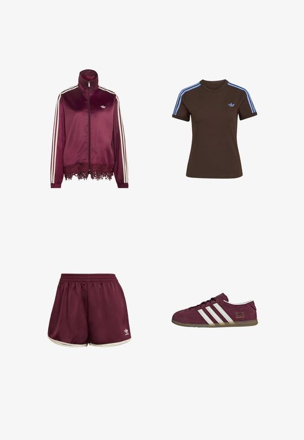 Dunkelroter Satin-Zip-Up-Jacke mit weißen Streifen an den Ärmeln, hohem Kragen und Spitzenbesatz am unteren Saum.; Braunes Kurzarm-T-Shirt mit hellblauen drei Streifen auf den Schultern und kleinem hellblauem Adidas-Logo auf der linken Brust.; adidas Originals SPRINTER - Shorts - maroon cream white; Sneaker aus kastanienbraunem Wildleder mit weißen Streifenakzenten, abgerundetem Zehenbereich und einer Laufsohle aus Kaugummirubber. Verfügt über ein Logoetikett an der Außenseite.