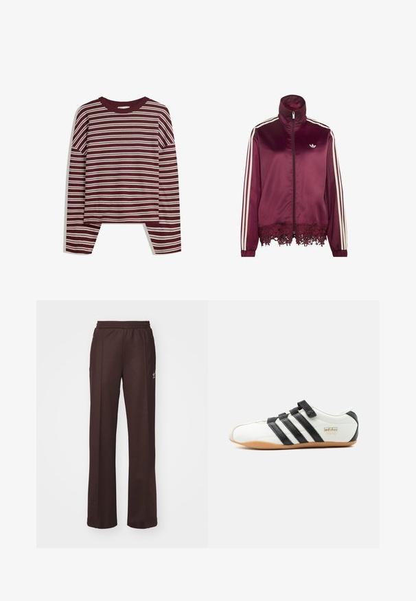 Veste zippée en satin bordeaux avec des rayures blanches sur les manches, un col montant et une bordure en dentelle le long de l'ourlet inférieur.; Haut bordeaux à manches longues avec des rayures blanches horizontales. Présente un col rond et des fentes latérales à l'ourlet pour un ajustement décontracté.; Pantalons de sport marron avec une taille élastique, deux poches latérales et un petit logo sur le côté gauche, fabriqués à partir d'un tissu doux.; Baskets Adidas Tokyo blanches avec des bandes noires, des sangles velcro noires et une semelle en gomme, présentées de profil sur un fond blanc.
