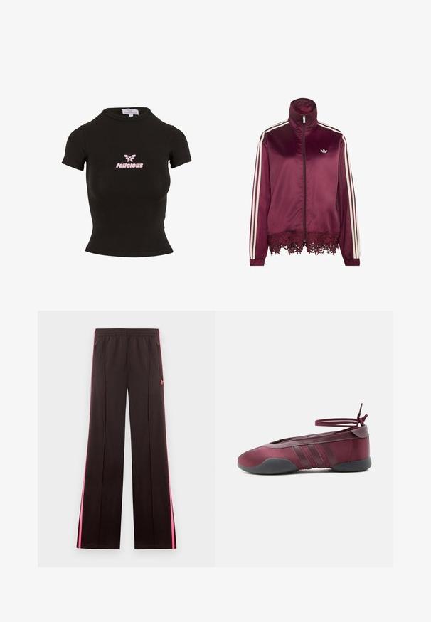 Veste zippée en satin bordeaux avec des rayures blanches sur les manches, un col montant et une bordure en dentelle le long de l'ourlet inférieur.; Top court noir à manches courtes fabriqué dans un matériau extensible. Présente un logo "felicious" rose et un graphique de papillon sur le devant.; Pantalon de sport noir avec des bandes latérales roses, taille élastique, poches zippées et logo Adidas sur la cuisse gauche.; Ballerine bordeaux avec semelle noire, brides élastiques à la cheville nouées en nœud, et détails cousus sur les côtés, vue de l'extérieur.