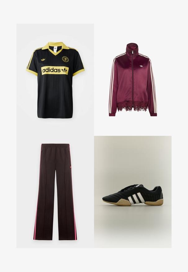 Bordeaux satijnen jas met ritssluiting, witte strepen op de mouwen, een hoge kraag en een kanten rand langs de onderzoom.; Zwarte sporttrui met gele accenten, voorzien van een gestreept ontwerp, een V-hals kraag en het adidas-logo dat prominent op de borst is weergegeven.; Zwarte sportbroek met roze zijstrepen, elastische tailleband, ritssluitingenaan zakken en Adidas-logo op linker bovenbeen.; Zwart sportief schoen met witte strepen en beige getextureerde zool op een neutrale achtergrond, weergegeven in zijprofiel.