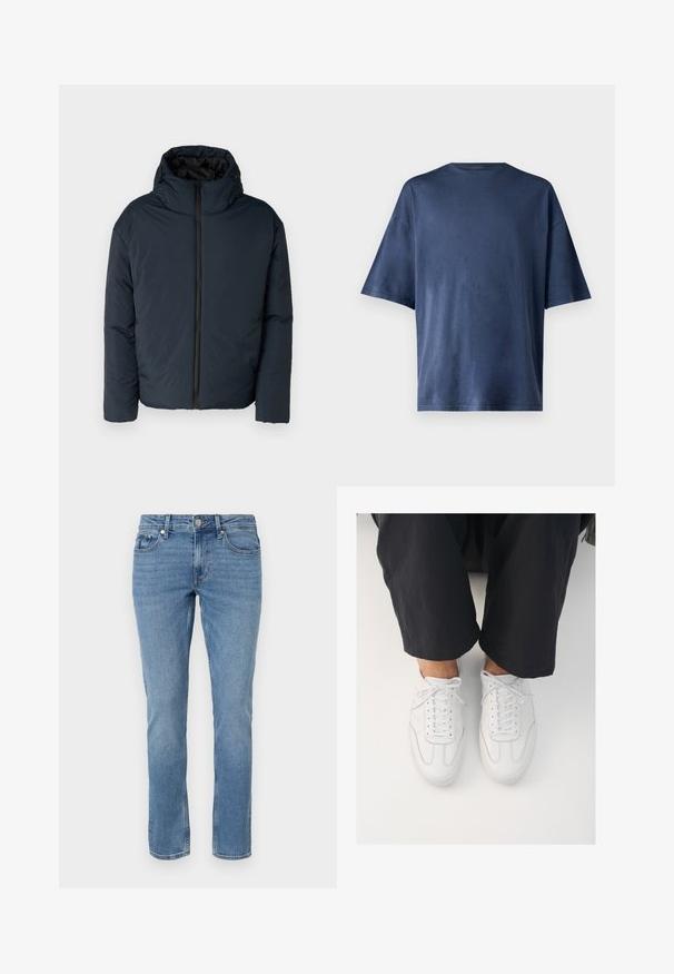 Brave Soul ENERGIZE - Vinterjakker - navy; Marineblå kortærmet T-shirt, lavet af blødt stof, har en klassisk rund hals og løs pasform, uden synlige mønstre eller accenter.; Blå lige ben denim jeans med for lommer, bæltesløjfer og knaplukning.; Hvide lædersneakers med en glat overflade, rund tå og klassisk snøresystem, placeret over mørke, løse bukser.
