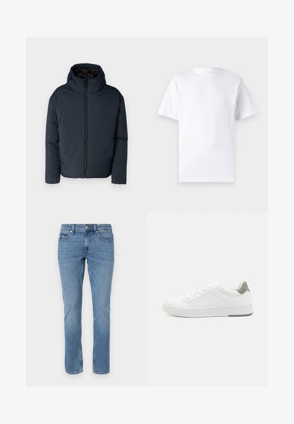 Brave Soul ENERGIZE - Winterjacke - navy; Weißes kurzärmeliges T-Shirt aus Baumwolle mit Rundhalsausschnitt, das eine glatte Textur und ein einfaches Design ohne Muster oder Akzente aufweist.; Blaue gerade geschnittene Denim-Jeans mit Fronttaschen, Gürtelschlaufen und Knopfverschluss.; Weißer Sneaker aus glattem Leder, runde Zehenpartie, minimalistisches Design, graue Fersenkante und strukturierte Gummisohle.