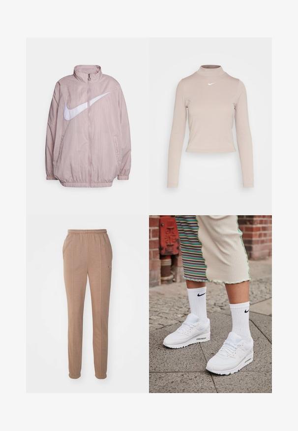 Vaaleanpunainen Nike-tuulitakki, jossa on korkea kaulus, täysipitkä vetoketju ja suuri valkoinen logo edessä. Elastiset hihansuut ja helma.; Nike Sportswear SPORTSWEAR ESSENTIAL - Pitkähihainen paita - diffused taupe/white; Ruskeat urheiluhousut, joissa on joustava vyötärö, sivutaskut, kapenevatlahkeet ja hillitty Nike-logo. Valmistettu pehmeästä, teksturoidusta materiaalista.; Valkoiset Nike Air Max 90 -tennarit, joissa on verkkokangasta ja nahkaa, varustettuna näkyvällä ilma-yksiköllä, yhdistettyinä valkoisiin ribattuihin sukkiin, joissa on musta logo.