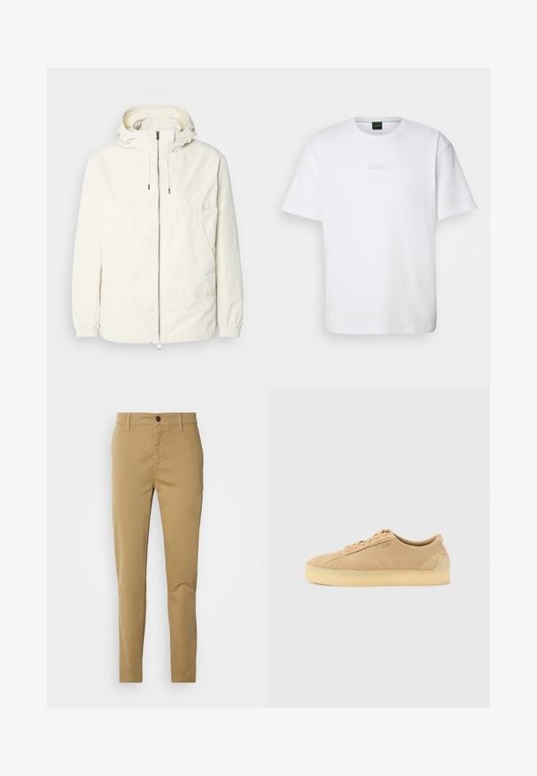 Ľahká, krémová bunda s kapucňou, zipsom vpredu, elastickými manžetami a klokannou vreckom. Hladká tkanina s minimálnymi stehovými detailmi.; Biela bavlnená tričko s krátkymi rukávmi, okrúhlym výstrihom a razeným logom "BOSS" na hrudi. Hladká textúra, štandardný strih.; Khaki nohavice vyrobené z bavlny. Slim fit dizajn s hladkou textúrou, predné vrecká a jeden gombík na uzatváranie v páse.; Béžová semišová nízka teniska s hrubou gumovou podrážkou, šnurovacím predným dielom a jemným bočným logom na jednoduchom svetlosivom pozadí.