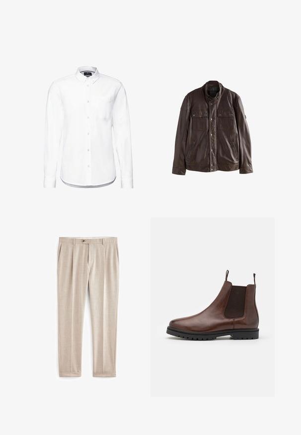 Chaqueta de cuero marrón con cuatro bolsillos, cierres a presión y un collar forrado. Textura suave con detalles de costura en contraste.; Camisa blanca de manga larga hecha de algodón, con collar abotonado, bolsillo delantero y dobladillo redondeado con puños abotonados.; Pantalones beiges ajustados con un tejido texturizado, que presentan pliegues frontales, bolsillos laterales y un dobladillo enrollado. Cierre de botón en la cintura.; Botín Chelsea de cuero marrón con paneles laterales elásticos, punta redondeada y suela de goma texturizada, que incluye lengüetas para facilitar su puesta.