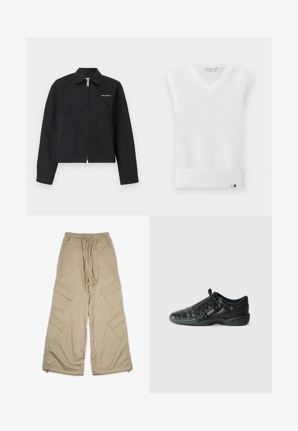 Sort lynlåsjakke med krave, to forlommer, lange ærmer og lille hvid "Carhartt"-logo på venstre bryst.; Hvid ærmeløs sweater med v-hals, tekstureret strikkemønster og ribbede kanter. Indeholder et lille Carhartt-logo i mærket ved kanten.; Beige cargo bukser med snoretræk i taljen, flere sidelommer og en afslappet pasform. Lavet af letvægts, glat stof med syning detaljer.; Sorte læder sportssko med quiltet design, rund tå, snørret foran og gummisål. Har subtil branding på siden.