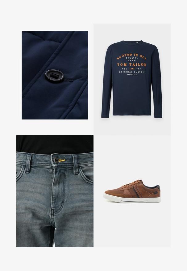Tissu rembourré bleu marine avec une texture lisse, mettant en avant un bouton noir et des détails de cordon sur la surface, soulignant les motifs de matelassage.; T-shirt à manches longues bleu marine avec col rond et texte orange et blanc : "ROOTED IN QLY COASTAL CREW TOM TAILOR 1962 ORIGINAL CUSTOM GOODS."; Jean en denim bleu délavé avec une fermeture à bouton, accent jaune à la taille et design classique à cinq poches. La texture semble douce et usée.; Baskets en cuir marron avec une texture lisse, semelle en caoutchouc blanc, accents noirs et couture décorative avec des rayures latérales.
