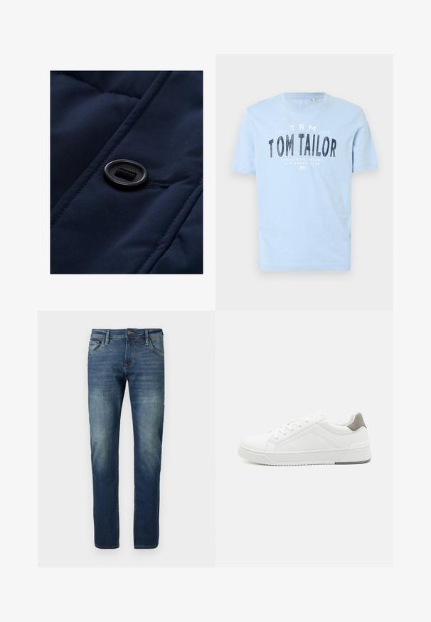 Mørkeblå polstret stof med en glat tekstur, der har en sort knap og snøre detaljer på overfladen, som fremhæver quiltede mønstre.; Lyseblå bomulds t-shirt med rund halsudskæring og korte ærmer. Den har kraftig sort trykt tekst: "TOM TAILOR" samt yderligere brandingdetaljer.; Blå denimjeans med lige ben, slidt fordybning, kontraststing, fem lommer og en knaplukning.; Hvid sneaker lavet af glat læder, rund tå, minimalistisk design, grå hælafsats og tekstureret gummisål.