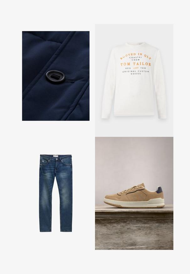 Marineblaues gepolstertes Gewebe mit glatter Oberfläche, das mit einem schwarzen Knopf und einer Kordelzug-Detail versehen ist und die Steppmuster hervorhebt.; Weißes Langarmshirt mit orangefarbener und schwarzer Schrift, auf der steht: "Rooted in QLY Coastal Crew Tom Tailor Reg 1962 TRM Original Custom Goods".; Dunkelblaue Jeans aus Denim im geraden Schnitt, mit leichten Waschungen, fünf Taschen, einem Reißverschluss und subtilen Kontrastnähten.; Beige Wildlederschuhe mit weißer Gummisohle, ausgestattet mit beigen Schnürsenkeln, marineblauen Akzenten und perforierten Details im Zehenbereich.