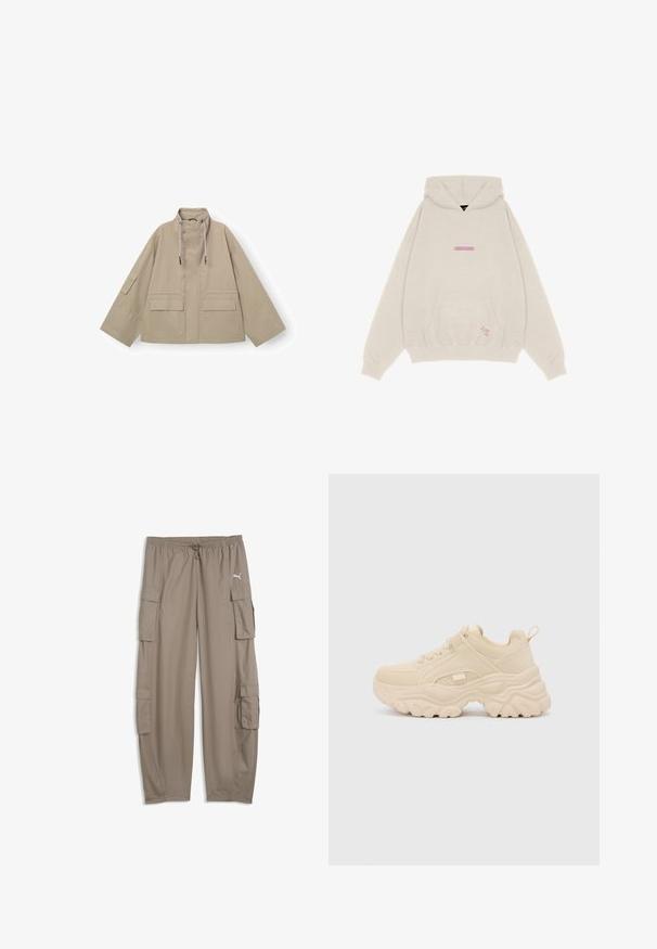 Chaqueta utilitaria beige con cuello alto, dos bolsillos delanteros y cordones ajustables en el cuello. Cuenta con mangas anchas y un ajuste relajado.; Pegador THEA OVERSIZED - Jersey con capucha - vintage moon grey; Pantalones cargo de corte ancho de color marrón claro con cintura con cordón y bolsillos con solapa en cada pierna, con un pequeño logo blanco de Puma en el lado derecho.; Buffalo GALACTICA - Zapatillas - cream