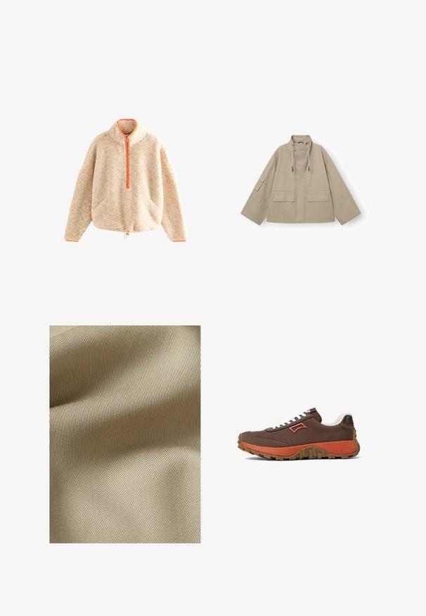 Veste utilitaire beige avec un col montant, deux poches avant et des cordons ajustables au niveau du cou. Caractéristiques de manches larges et une coupe décontractée.; Pull-over beige flou avec zip orange, col montant, deux poches avant et ourlet à cordon. Texture douce avec des détails mouchetés.; Tissu beige texturé avec un motif fin et côtelé. Le matériau semble lisse avec un léger éclat, tombant doucement en plis.; Baskets en tissu marron avec des lacets blancs, des accents orange et une semelle en caoutchouc marron texturée. Présente un emblème distinctif sur le côté.