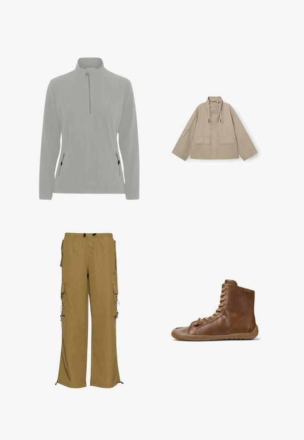 Veste utilitaire beige avec un col montant, deux poches avant et des cordons ajustables au niveau du cou. Caractéristiques de manches larges et une coupe décontractée.; Pull en polaire gris clair avec un col haut, fermeture éclair demi-zippée, poches latérales avec zippers et une texture lisse. Logo simple sur la poitrine.; Pantalons cargo kaki avec une taille élastique, plusieurs poches latérales et des poignets ajustables. Fabriqués en tissu durable avec une texture lisse.; Baskets montantes en cuir marron avec lacets beige et semelle flexible en caoutchouc, vues de côté sur fond blanc.