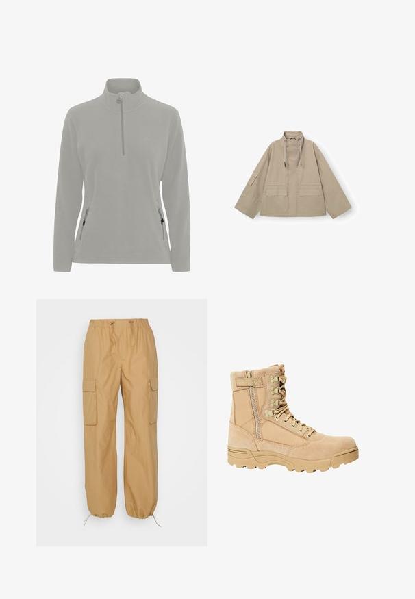 Veste utilitaire beige avec un col montant, deux poches avant et des cordons ajustables au niveau du cou. Caractéristiques de manches larges et une coupe décontractée.; Pull en polaire gris clair avec un col haut, fermeture éclair demi-zippée, poches latérales avec zippers et une texture lisse. Logo simple sur la poitrine.; b.young BYDEMETE - Pantalon cargo - tiger's eye; Botte tactique beige avec une tige en suède et en tissu, fermeture à lacets et à zip, semelle texturée et bouts renforcés pour plus de durabilité.