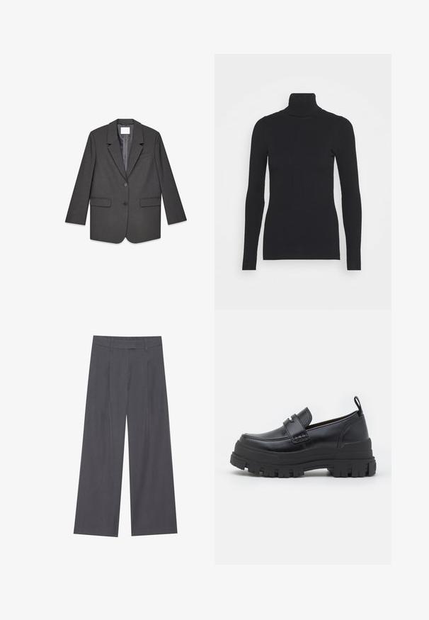 Donkergrijze blazer met twee knopen en gesneden revers, twee voorzakken met flap en één borstzak. De blazer wordt plat weergegeven op een witte achtergrond.; Zwarte geribde coltrui met lange mouwen en een aansluitende pasvorm. De textuur is glad met een horizontaal ribpatroon.; Grijze wijde broek met een gladde textuur, voorzien van een geplooid ontwerp aan de voorkant en een standaard taille voor een comfortabele pasvorm.; Zwarte leren loafer met dikke geribbelde zool, moc-toe stiksels, banddetail bovenaan en een trekband bij de hiel, zijaanzicht getoond.