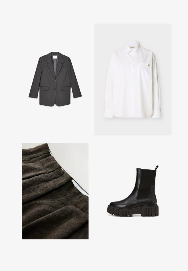 Dunkelgrauer Zweiknopf-Blazer mit Reverskragen, zwei vorderen Klappentaschen und einer Brustleistentasche, flach auf weißem Hintergrund dargestellt.; Weißes langärmeliges Hemd aus Baumwolle. Verfügt über einen spitzen Kragen, Frontknöpfe, eine Tasche auf der linken Brust und ein kleines gesticktes Logo.; Braun gescheckter Stoff im Fischgrätmuster mit Falten, der an der Taille eine glatte weiße Innenseite hat. Texturiertes Wollmaterial.; Schwarze Leder Stiefeletten mit einer klobigen Plateausohle und elastischen seitlichen Einsätzen für einen einfachen Einstieg. Dezente Markenkennzeichnung an der Seite.