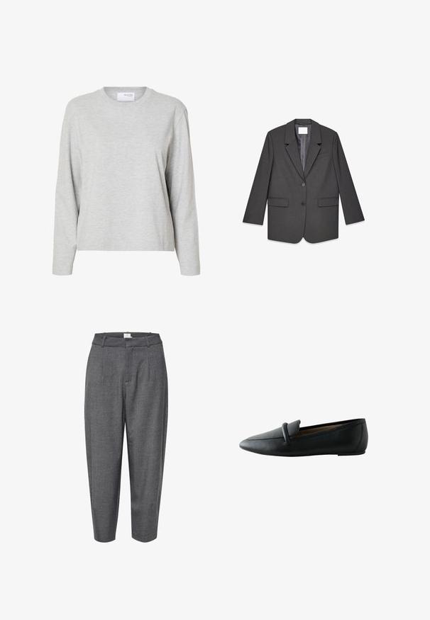 Blazer gris oscuro de dos botones con solapas poco profundas, dos bolsillos frontales con solapa y un bolsillo de pecho de ribete, mostrado plano sobre un fondo blanco.; Sudadera gris claro de manga larga y cuello redondo con un corte holgado y sin patrones o logotipos visibles.; Pantalones grises, ajustados y de tela texturizada; cuentan con pliegues y una cinturilla lisa con un cierre oculto.; Mocasín plano de cuero negro con puntera redondeada y detalle de tira en la parte superior, visto de lado.