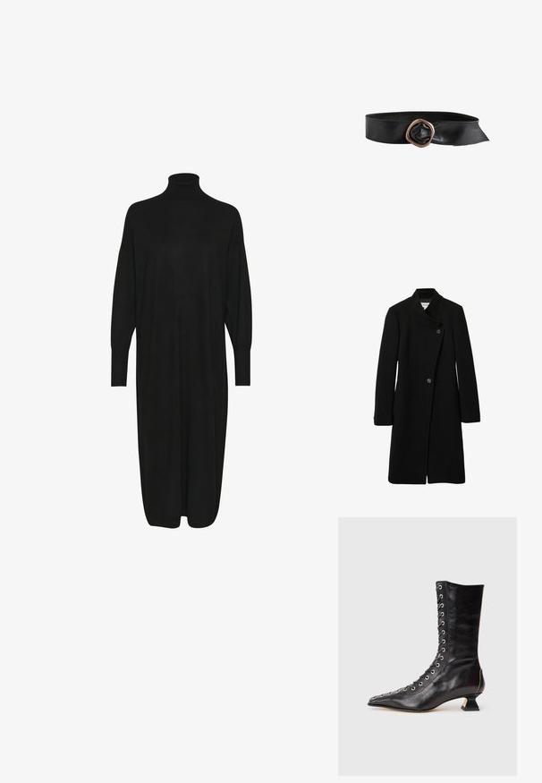 Sort uldfrakke med høj krave, dobbelte knaplukninger og lange ærmer. Designet er slankt med minimal detaljering.; Sort strikket kjole med høj mock neck, lange ærmer og en afslappet pasform. Glat tekstur med længde til midt på læggen og ingen synlige mønstre eller detaljer.; Sort læder ankelstøvle med spids tå, snøring foran, metaløjer, lav blokhæl og et strømlinet design. Glat tekstur, moderne silhuet.; Sort læderbælte med bredt bånd og stor uregelmæssig kobberfarvet metalspænde.