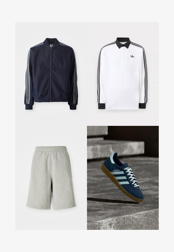Mørkeblå denimjakke med lynlås foran, ribbede manchetter og tre hvide striber langs hver arm. Har et lille logo på brystet.; Hvid langærmet polo med sort krave, sorte manchetter, sort tre-stribet design på ærmerne og sort Adidas-logo på brystet.; Grå bomuldsshorts med elastisk talje, knælængde design og diskret logo detalje på siden. Blød tekstur med en afslappet, sportiv pasform.; Blå Adidas Spezial sneaker med hvide striber og snørebånd, gummisål, svævende over en ru betongoverflade og trin i baggrunden.