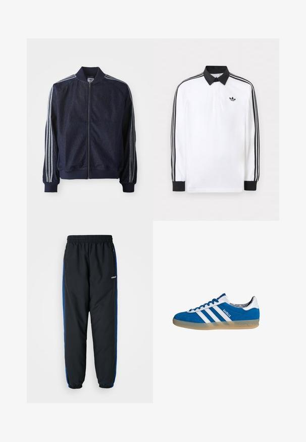 Chaqueta de mezclilla azul marino con cremallera frontal, puños acanalados y tres rayas blancas a lo largo de cada brazo. Presenta un pequeño logo en el pecho.; Polo blanco de manga larga con cuello negro, puños negros, diseño de tres rayas negras en las mangas y logo negro de Adidas en el pecho.; Pantalones deportivos negros con cintura elástica, rayas laterales azules, bolsillos con cremallera y puños ajustados para un ajuste ceñido. Fabricados en material ligero.; Zapatilla Adidas Gazelle azul y blanca con suela de goma y tres franjas blancas, vista desde un lado sobre un fondo blanco.