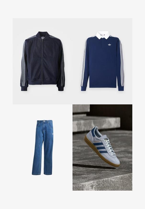 Chaqueta de mezclilla azul marino con cremallera frontal, puños acanalados y tres rayas blancas a lo largo de cada brazo. Presenta un pequeño logo en el pecho.; Polo de manga larga azul marino, tejido de algodón, cuello blanco, presenta tres franjas blancas clásicas a lo largo de las mangas, con un pequeño logo en el pecho.; Vaqueros de mezclilla anchos de talle alto en azul, con bolsillos frontales, presillas para cinturón, cierre de botón y pequeño logo de Adidas en el muslo derecho.; Zapatilla Adidas Spezial azul claro con rayas azul marino y suela de goma, mostrada en el aire sobre escalones de hormigón en un entorno exterior neutral.