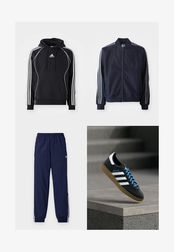 Marineblaue Jeansjacke mit Reißverschluss vorne, gerippten Bündchen und drei weißen Streifen an jedem Arm. Mit kleinem Logo auf der Brust.; Schwarzer Adidas-Hoodie mit weißen Streifen an den Ärmeln, weißen Paspeln auf der Vorderseite, vorderer Kängurutasche und kapuze mit Kordelzug.; Marineblaue Trainingshose aus leichtem Stoff, mit weißen Streifen an den Seiten, einem elastischen Bund und einem kleinen Logo.; Schwarzer Adidas-Sneaker mit weißen Streifen, blauen Schnürsenkeln und Gummisohle, der über einer grauen Betontreppe im weichen Licht schwebt.