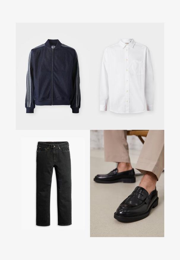 Marineblauwe denimjack met een ritssluiting aan de voorkant, geribbelde manchetten en drie witte strepen langs elke arm. Het heeft een klein logo op de borst.; Witte lange mouwen knoop-overhemd met een kraag en borstzak, weergegeven op een effen lichte achtergrond.; Zwarte rechte spijkerbroek met vijf zakken, riemlussen en een knoopsluiting in de taille, plat gelegd op een witte achtergrond.; Zwarte leren loafers met een gladde afwerking, voorzien van een decoratieve band en contrasterende stiksels, gecombineerd met beige broeken.