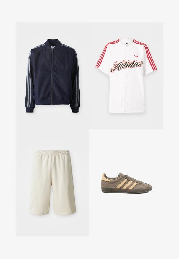 Marineblauwe denimjack met een ritssluiting aan de voorkant, geribbelde manchetten en drie witte strepen langs elke arm. Het heeft een klein logo op de borst.; Wit overhemd met korte mouwen en knopen, met rode Adidas-strepen op de schouders, grote gestileerde tekst "Adidas" en rood trefoil-logo op de borst.; Licht beige sportshorts met een elastische tailleband, een gladde textuur en een subtiele logo-detail aan de onderkant links. Geen zakken.; Lage bruine Adidas Gazelle sneaker met beige strepen, suède hielstuk, veterluiting en rubberen zool tegen een witte achtergrond.
