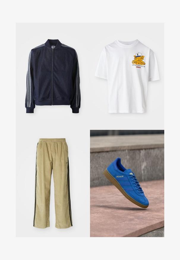 Chaqueta de mezclilla azul marino con cremallera frontal, puños acanalados y tres rayas blancas a lo largo de cada brazo. Presenta un pequeño logo en el pecho.; Camiseta de algodón blanca de manga corta con un gráfico de un leopardo de dibujos animados amarillo con una gorra, el texto "CASUAL SPORTS CLUB" y el logo de Adidas.; Pantalones de pana beige con cintura elástica, con franjas laterales negras. La tela tiene una textura acanalada y es ligeramente acampanada en el fondo.; Zapatilla Adidas Spezial azul con suela de goma, cordones atados, suspendida sobre una superficie de piedra lisa cerca de una pared de hormigón gris.