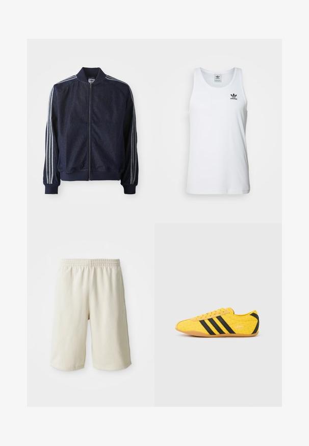 Mørkeblå denimjakke med lynlås foran, ribbede manchetter og tre hvide striber langs hver arm. Har et lille logo på brystet.; Hvid ribbet tanktop med rund halsudskæring, sort Adidas-logo på venstre bryst og uden ærmer. Blødt bommateriale, afslappet pasform.; Lys beige træningsshorts med elastisk talje, glat tekstur og diskret logo-detalje på venstre side forneden. Ingen lommer.; Gul atletiksko med en tekstureret overdel, der har sorte striber og logo. Rundt tå, blød sål og zigzag-mønster på materialet.