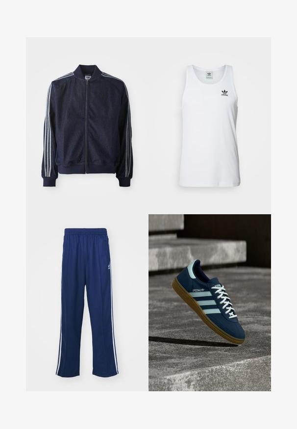 Mørkeblå denimjakke med lynlås foran, ribbede manchetter og tre hvide striber langs hver arm. Har et lille logo på brystet.; Hvid ribbet tanktop med rund halsudskæring, sort Adidas-logo på venstre bryst og uden ærmer. Blødt bommateriale, afslappet pasform.; Marineblå sportbukser med en afslappet pasform, udstyret med hvide sidestativer og elastisk talje. Glat stof, ingen synlige mønstre eller hardware.; Blå Adidas Spezial sneaker med hvide striber og snørebånd, gummisål, svævende over en ru betongoverflade og trin i baggrunden.