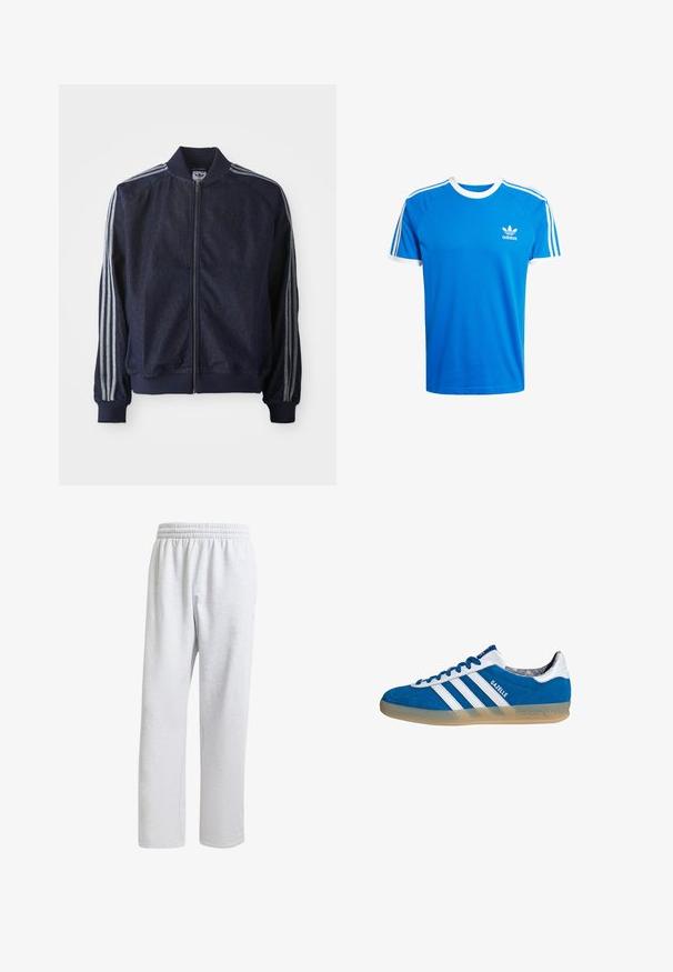 Marineblaue Jeansjacke mit Reißverschluss vorne, gerippten Bündchen und drei weißen Streifen an jedem Arm. Mit kleinem Logo auf der Brust.; Blaues Baumwoll-T-Shirt mit weißem geripptem Rundhalsausschnitt und ärmelsäumen. Verfügt über drei klassische weiße Streifen entlang der Schultern; kleines Logo auf der Brust.; adidas Originals PREMIUM ESSENTIALS OPEN HEM - Jogginghose - light grey heather; Blauer und weißer Adidas Gazelle Sneaker mit Gummisohle und drei weißen Streifen, aus der Seitenansicht auf weißem Hintergrund.