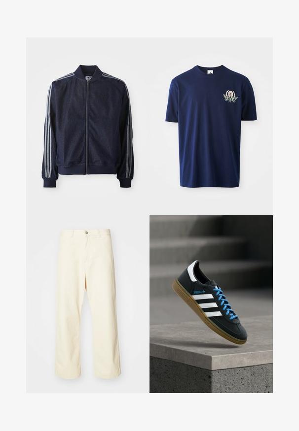 Mørkeblå denimjakke med lynlås foran, ribbede manchetter og tre hvide striber langs hver arm. Har et lille logo på brystet.; Mørkeblå bomulds t-shirt med korte ærmer, rund halsudskæring og broderet logo med laurbær detaljer på venstre bryst.; Cremefarvede bukser med vidde, lavet af bomuld med knaplukning, bæltestropper og syet kant. Glat tekstur, ingen synlige mønstre.; Sort Adidas sneaker med hvide striber, blå snørebånd og gummisål, der svæver over gråt betontrin i blødt lys.