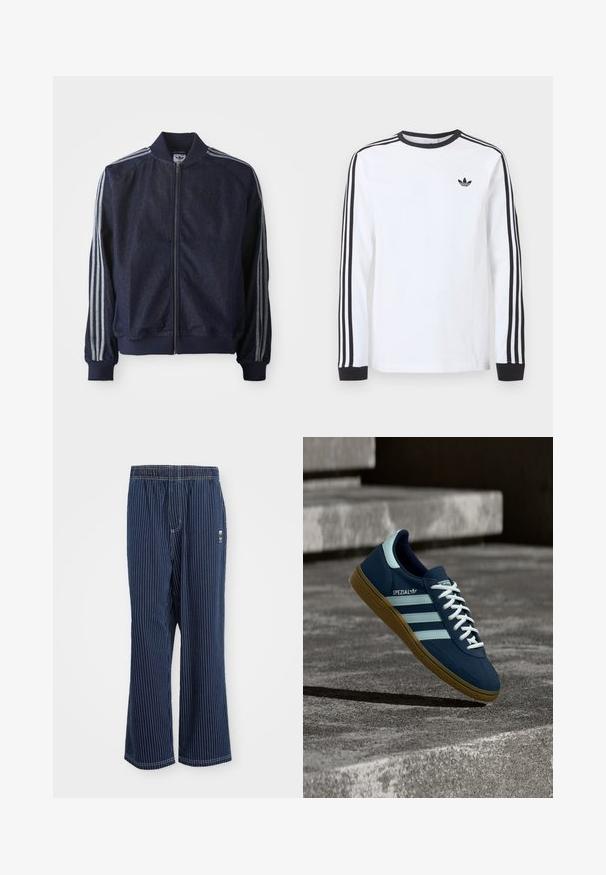 Marineblaue Jeansjacke mit Reißverschluss vorne, gerippten Bündchen und drei weißen Streifen an jedem Arm. Mit kleinem Logo auf der Brust.; Weißes Adidas-Langarmshirt mit schwarzem Rundhalsausschnitt, schwarzen Bündchen, drei schwarzen Streifen an den Ärmeln und schwarzem Trefoil-Logo auf der Brust.; Marine gestreifte Hose mit hellblauen vertikalen Streifen, elastischem Bund, weit geschnittenem Bein und kleinem Logo an der Seite. Der Stoff hat eine glatte Textur.; Blauer Adidas Spezial Sneaker mit weißen Streifen und Schnürsenkeln, Gummisohle, schwebend über rauer Betonoberfläche und Treppen im Hintergrund.