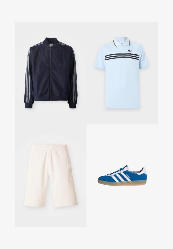 Chaqueta de mezclilla azul marino con cremallera frontal, puños acanalados y tres rayas blancas a lo largo de cada brazo. Presenta un pequeño logo en el pecho.; Polo azul claro de tela texturizada con franjas negras de acento y un logo negro en el pecho. Presenta un diseño con cuello de solapa.; Pantalones cortos de algodón color crema con cintura elástica, bolsillos laterales y un logotipo sutil en la pierna izquierda. Textura suave y diseño hasta la rodilla.; Zapatilla Adidas Gazelle azul y blanca con suela de goma y tres franjas blancas, vista desde un lado sobre un fondo blanco.