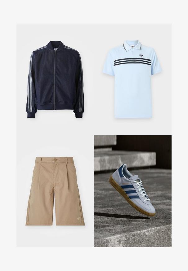 Marineblauwe denimjack met een ritssluiting aan de voorkant, geribbelde manchetten en drie witte strepen langs elke arm. Het heeft een klein logo op de borst.; Lichtblauw poloshirt gemaakt van een textuurstof met zwarte accentstrepen en een zwart logo op de borst. Voorzien van een kraag.; Beige katoenen shorts met een rechte snit, voorkeursplooien en een enkele knoopsluiting. Beschikt over een subtiele logo aan de linksonderzijde.; Lichtblauwe Adidas Spezial sneaker met marineblauwe strepen en rubberen zool, getoond in de lucht boven betonnen trappen in een neutrale buitenomgeving.