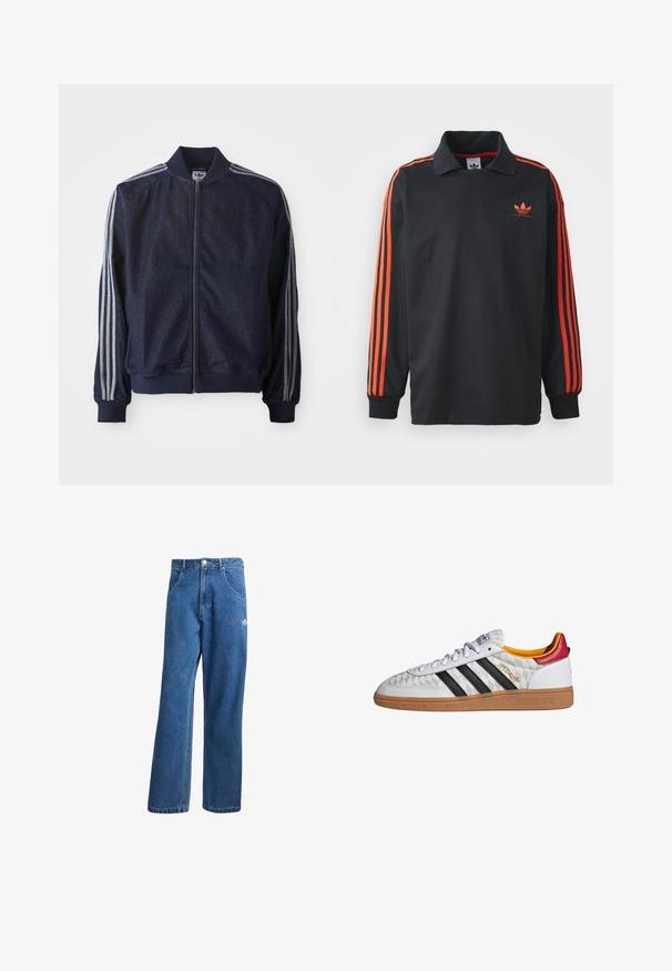 Marineblaue Jeansjacke mit Reißverschluss vorne, gerippten Bündchen und drei weißen Streifen an jedem Arm. Mit kleinem Logo auf der Brust.; Schwarzes Langarm-Polo mit Kragen, das rote Streifen an den Ärmeln und ein kleines rotes Logo auf der Brust trägt. Glatte Stoffstruktur.; Blaue hohe, weite Jeans mit Fronttaschen, Gürtelschlaufen, Knopfverschluss und kleinem Adidas-Logo am rechten Oberschenkel.; Weißer Adidas Spezial Sneaker mit schwarzen Streifen, Gummisohle, gestepptem Muster, rotem Fersenlaschen und gelber Innenausstattung, Seitenansicht.