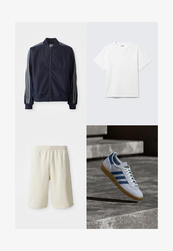 Mørkeblå denimjakke med lynlås foran, ribbede manchetter og tre hvide striber langs hver arm. Har et lille logo på brystet.; Hvid kortærmet crewneck T-shirt lagt fladt ud, ensfarvet design, med "WEEKDAY" mærkat inde i kraven på en lys baggrund.; Lys beige træningsshorts med elastisk talje, glat tekstur og diskret logo-detalje på venstre side forneden. Ingen lommer.; Lyseblå Adidas Spezial sneakers med marineblå striber og gummisål, vist i luften over betontrapper i et neutralt udendørsmiljø.